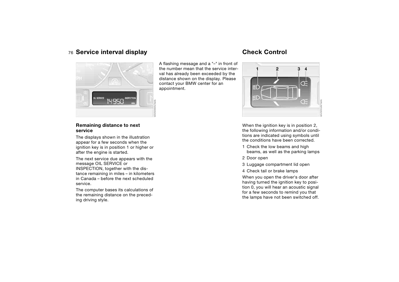 Service interval display, Check control, Service interval | BMW 2006 bmw 325i User Manual | Page 76 / 174