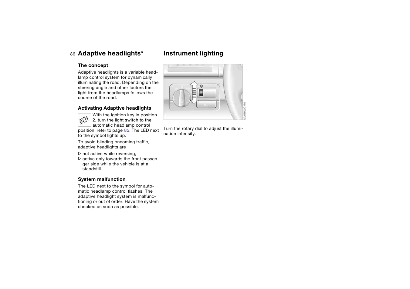 Adaptive headlights, Instrument lighting | BMW 2006 bmw 325i User Manual | Page 86 / 174