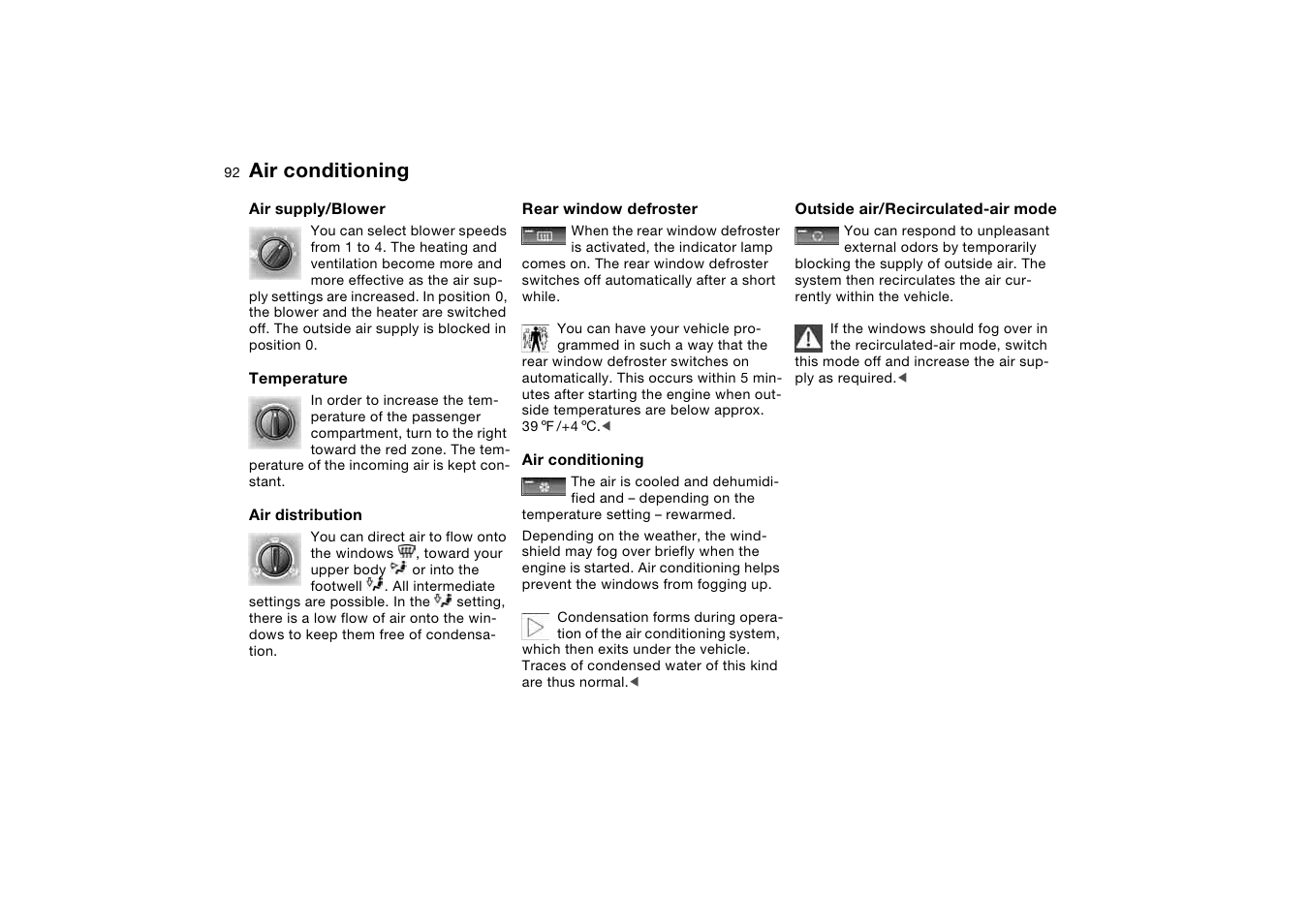 Rear window defroster, Temperature, Mode | Air conditioning | BMW 2006 bmw 325i User Manual | Page 92 / 174