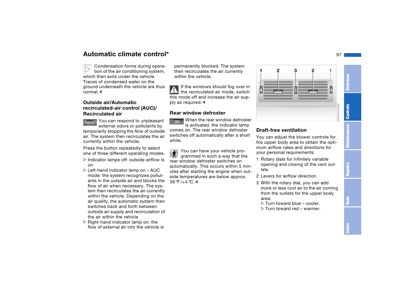 Air for the upper body area, Rear window defroster, Automatic climate control | BMW 2006 bmw 325i User Manual | Page 97 / 174