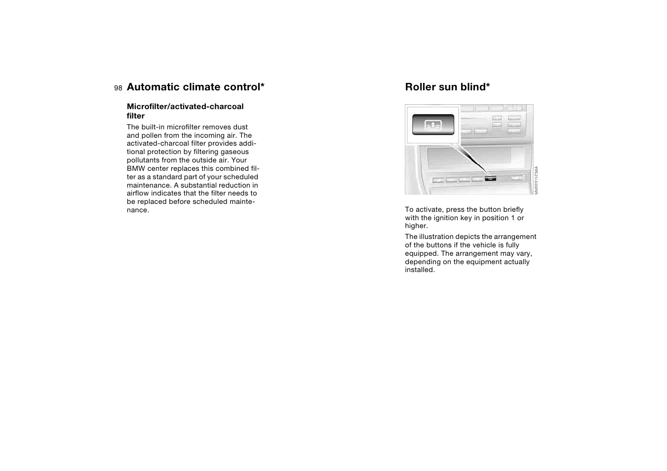 Roller sun blind, Automatic climate control | BMW 2006 bmw 325i User Manual | Page 98 / 174