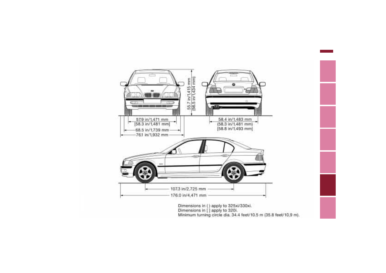 Dimensions | BMW 2006 bmw 325i User Manual | Page 193 / 211