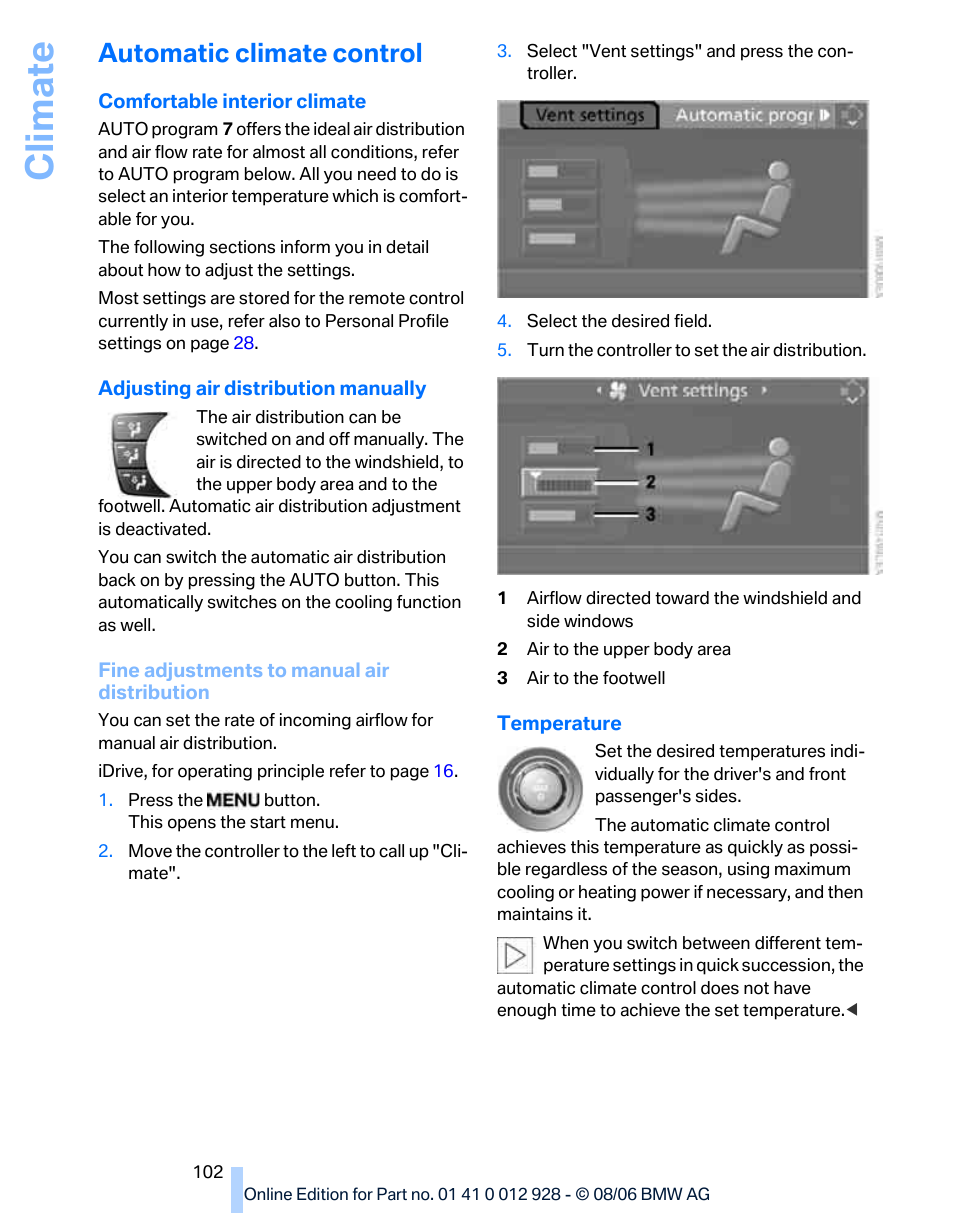 Automatic climate control, Climate | BMW 2007 bmw 328i User Manual | Page 104 / 268