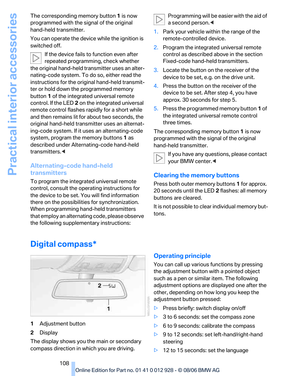 Digital compass, Practical interior accessories | BMW 2007 bmw 328i User Manual | Page 110 / 268