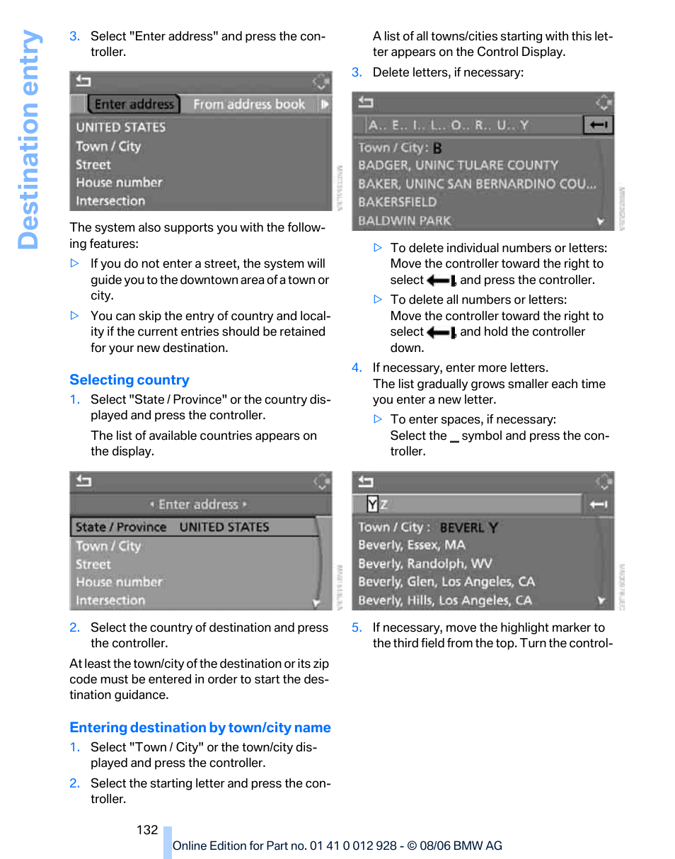 Destination entry | BMW 2007 bmw 328i User Manual | Page 134 / 268