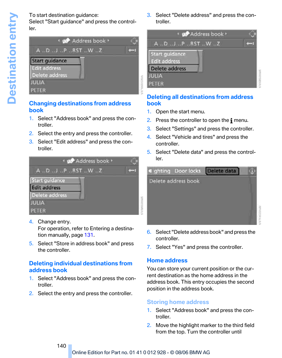 Destination entry | BMW 2007 bmw 328i User Manual | Page 142 / 268