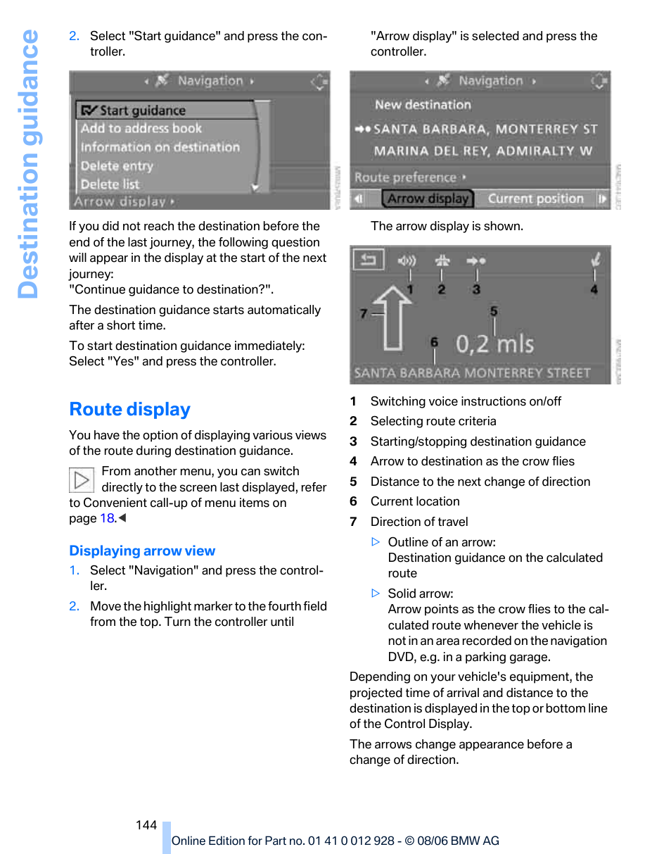 Route display, Destination guidance | BMW 2007 bmw 328i User Manual | Page 146 / 268