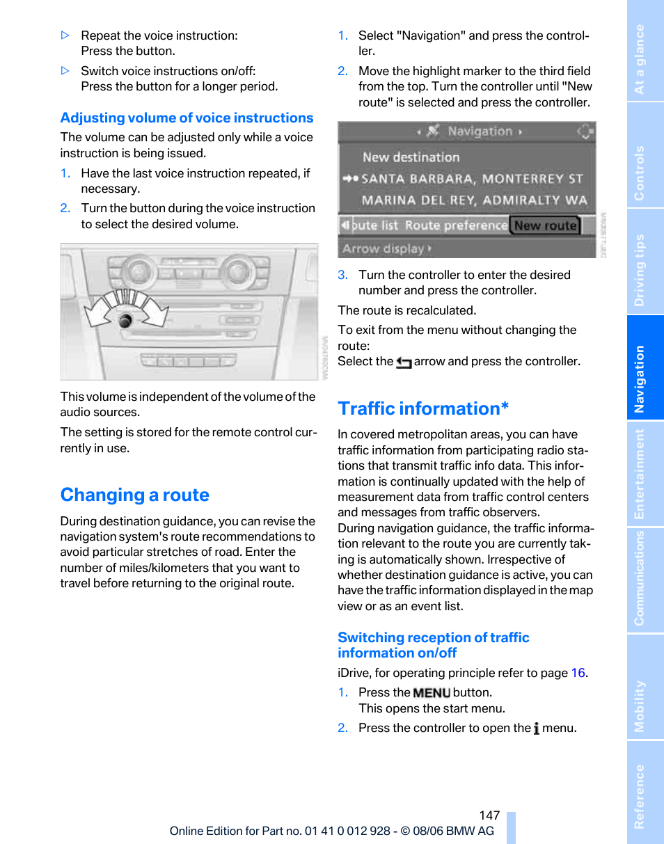 Changing a route, Traffic information | BMW 2007 bmw 328i User Manual | Page 149 / 268