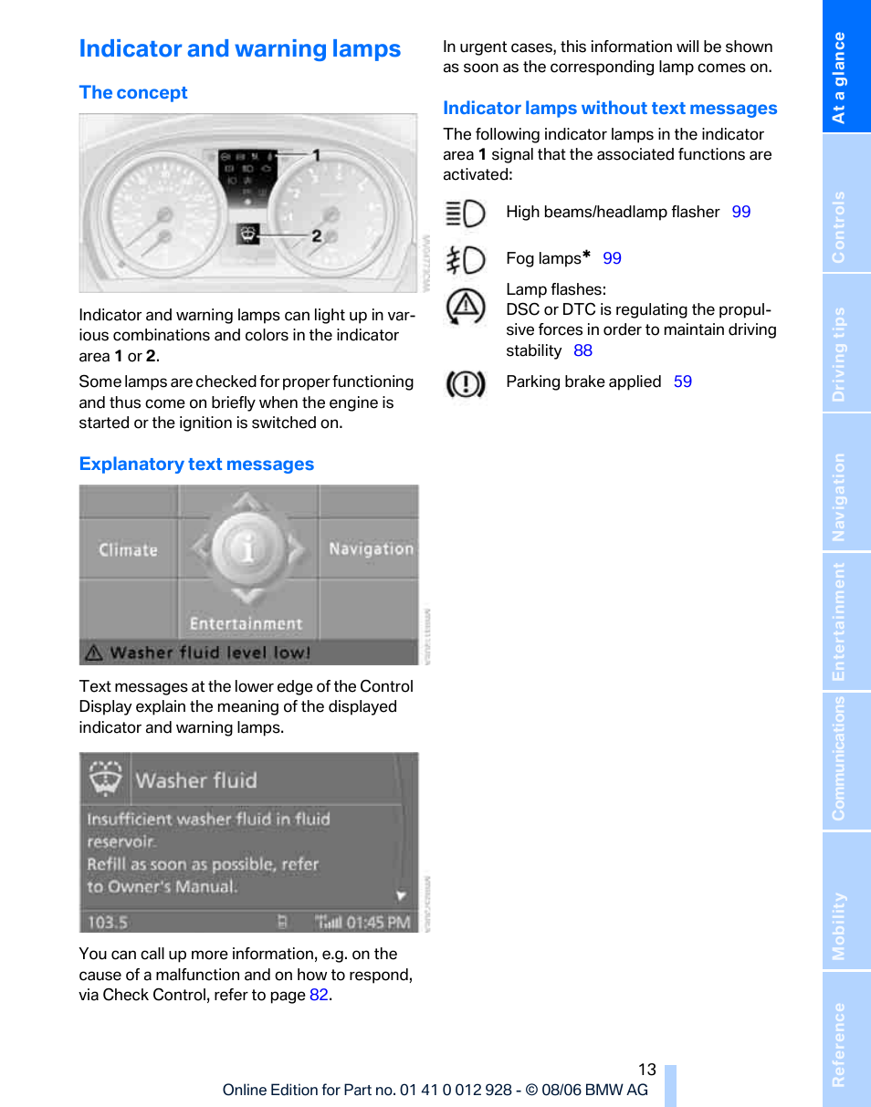 Indicator and warning lamps | BMW 2007 bmw 328i User Manual | Page 15 / 268