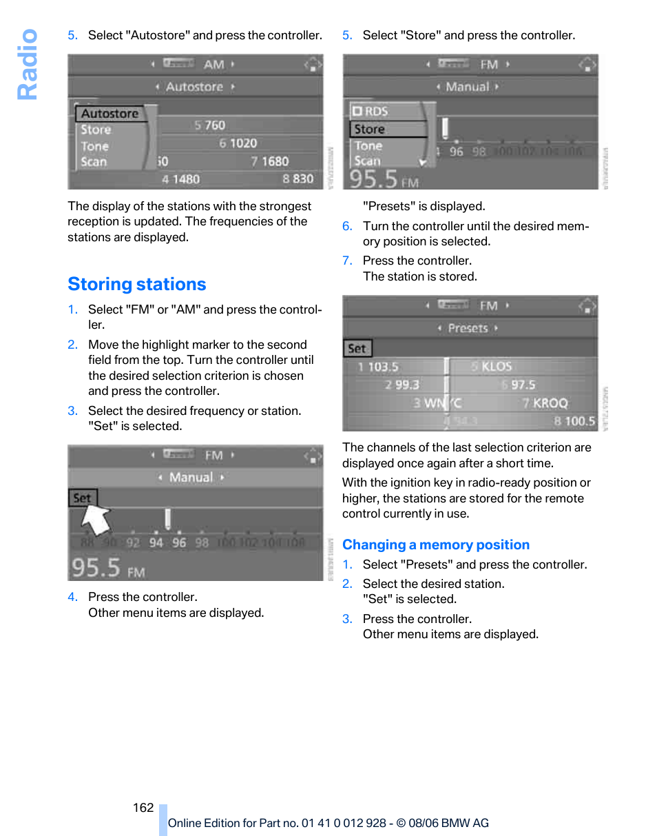 Storing stations, Ra di o | BMW 2007 bmw 328i User Manual | Page 164 / 268