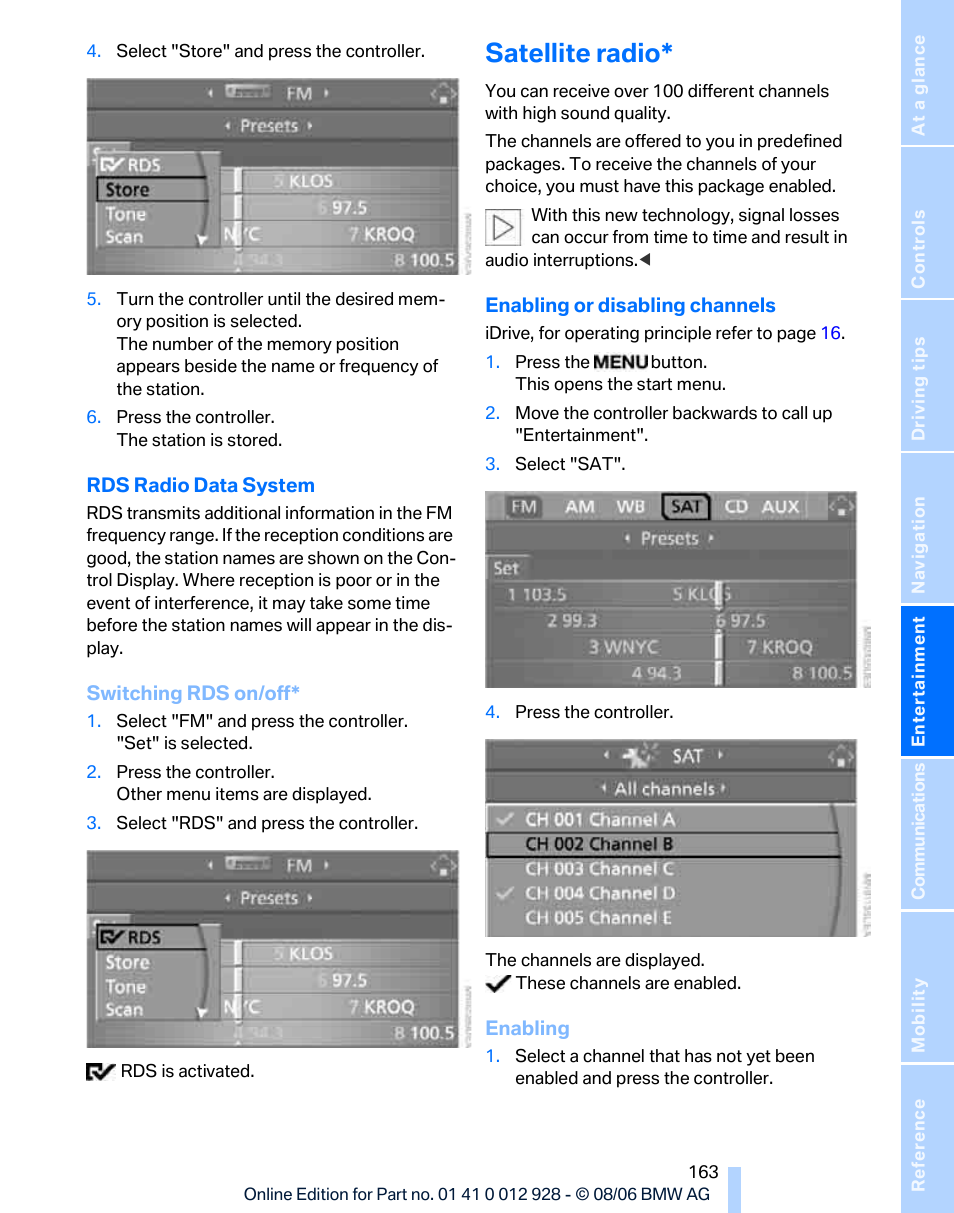 Satellite radio | BMW 2007 bmw 328i User Manual | Page 165 / 268