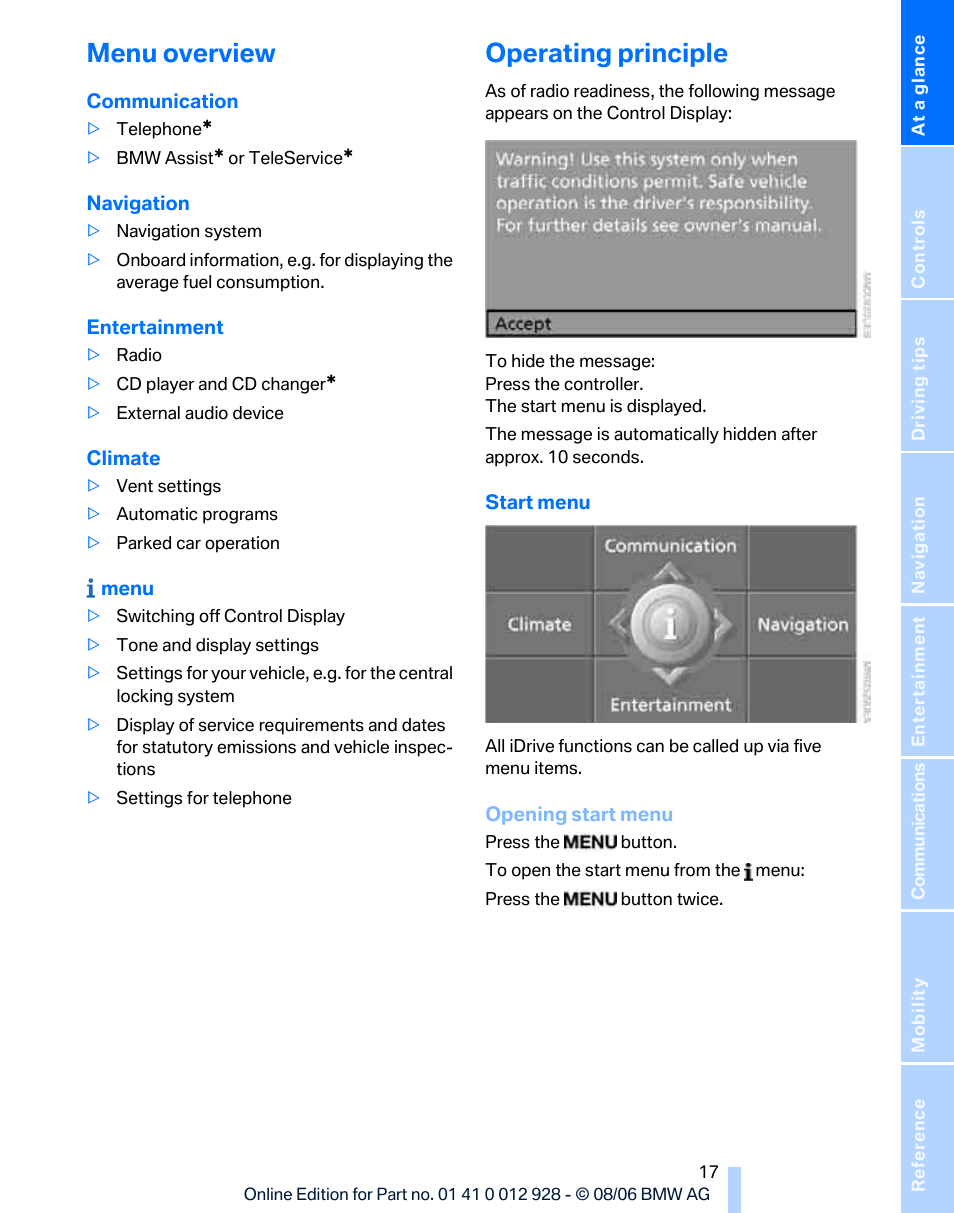 Menu overview, Operating principle | BMW 2007 bmw 328i User Manual | Page 19 / 268