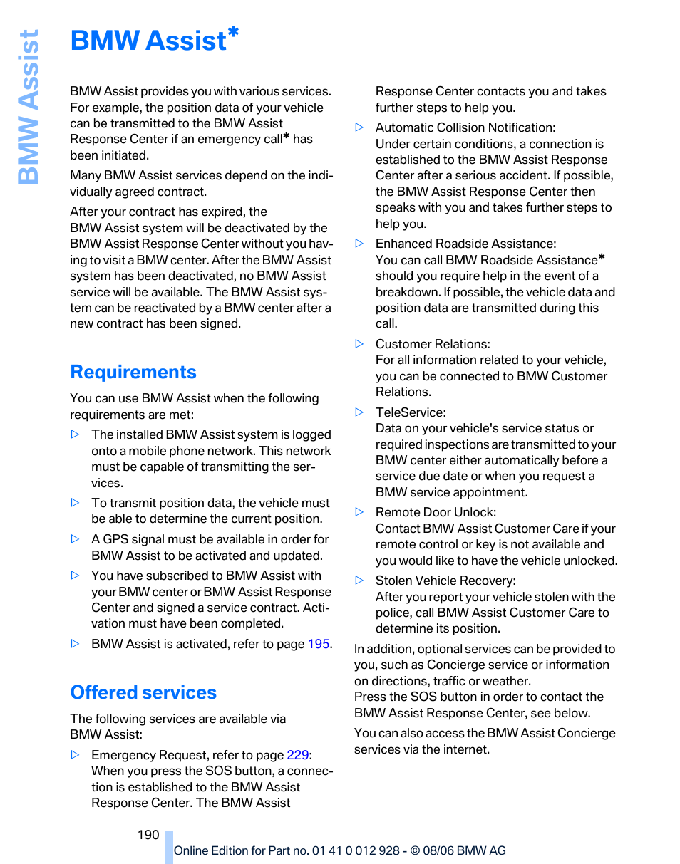 Bmw assist, Requirements, Offered services | Bmw assis t | BMW 2007 bmw 328i User Manual | Page 192 / 268