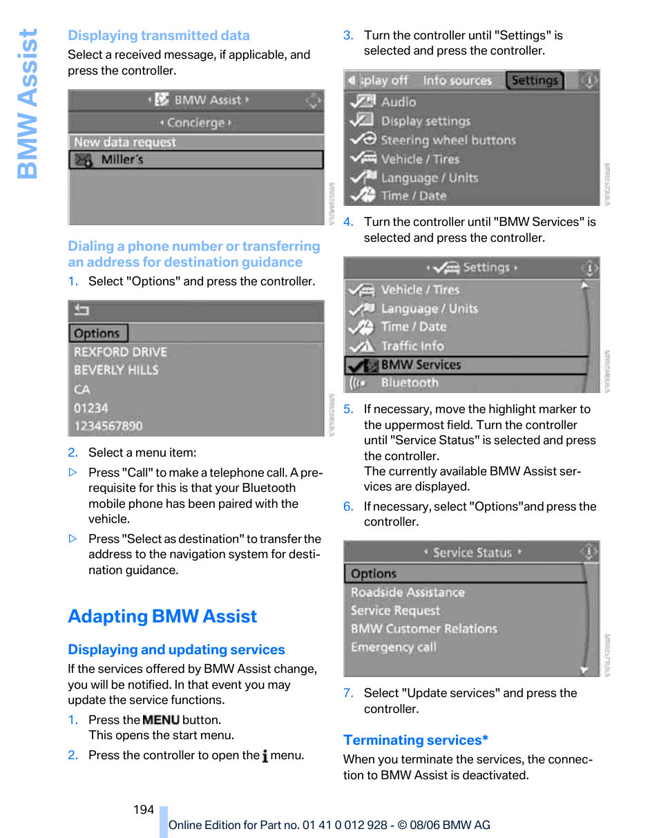 Adapting bmw assist, Bmw assis t | BMW 2007 bmw 328i User Manual | Page 196 / 268