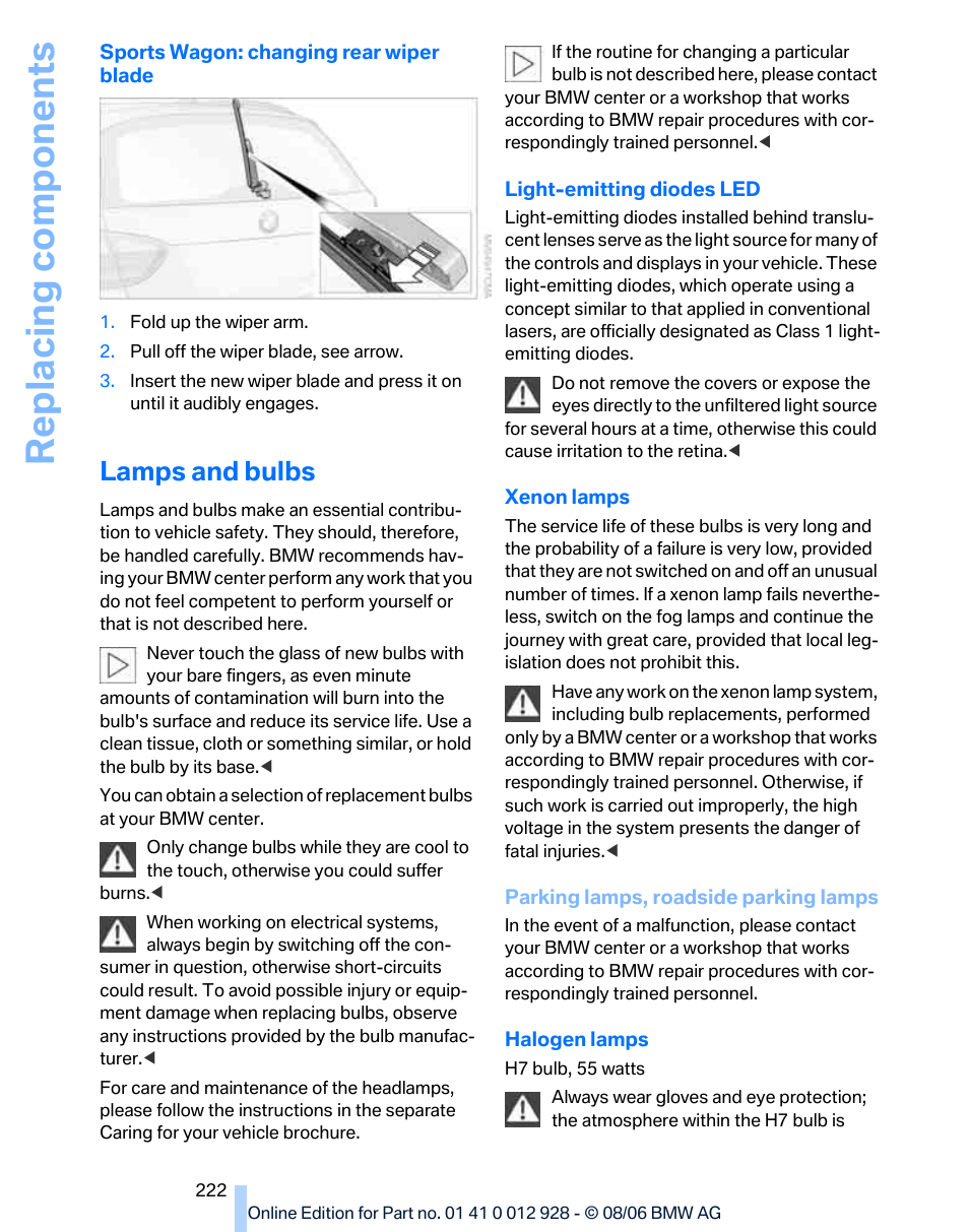 Lamps and bulbs, Replacing components | BMW 2007 bmw 328i User Manual | Page 224 / 268