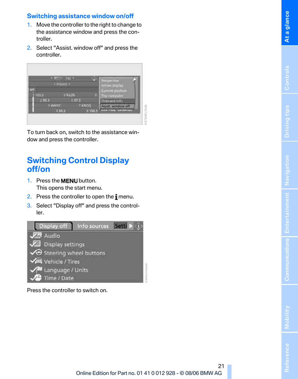 Switching control display off/on | BMW 2007 bmw 328i User Manual | Page 23 / 268