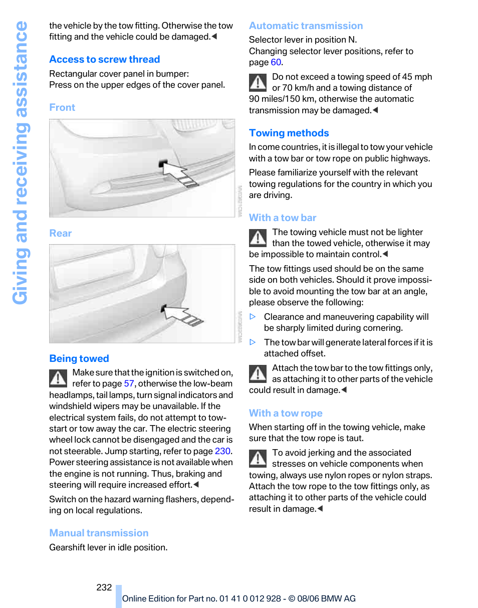 Giving and receiving as sistance | BMW 2007 bmw 328i User Manual | Page 234 / 268