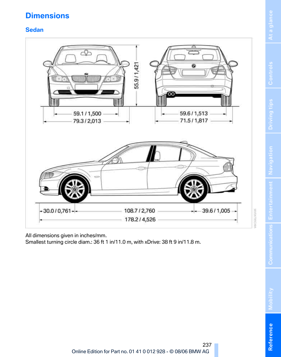 Dimensions | BMW 2007 bmw 328i User Manual | Page 239 / 268