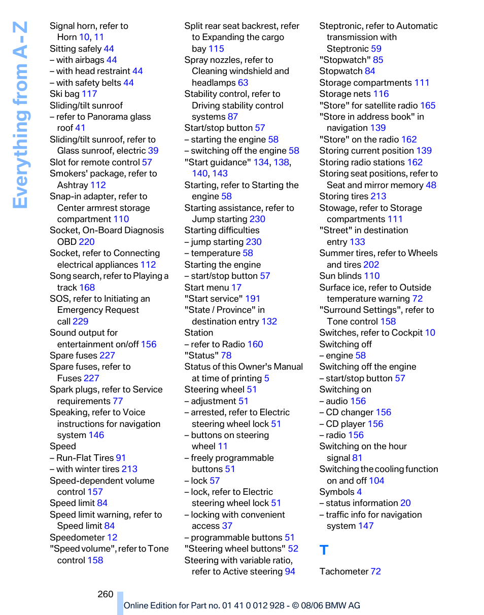 Ev e ryth ing from a -z | BMW 2007 bmw 328i User Manual | Page 262 / 268