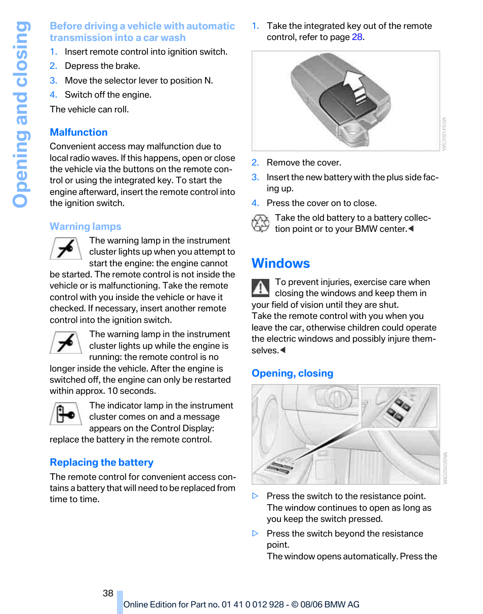 Windows, Opening and closing | BMW 2007 bmw 328i User Manual | Page 40 / 268