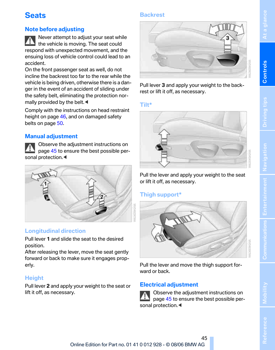 Seats | BMW 2007 bmw 328i User Manual | Page 47 / 268