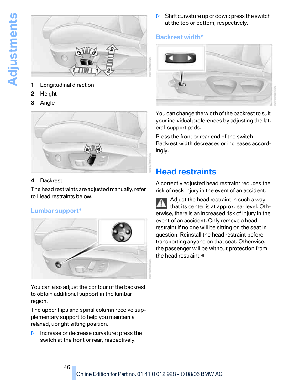 Head restraints, Adju stmen ts | BMW 2007 bmw 328i User Manual | Page 48 / 268