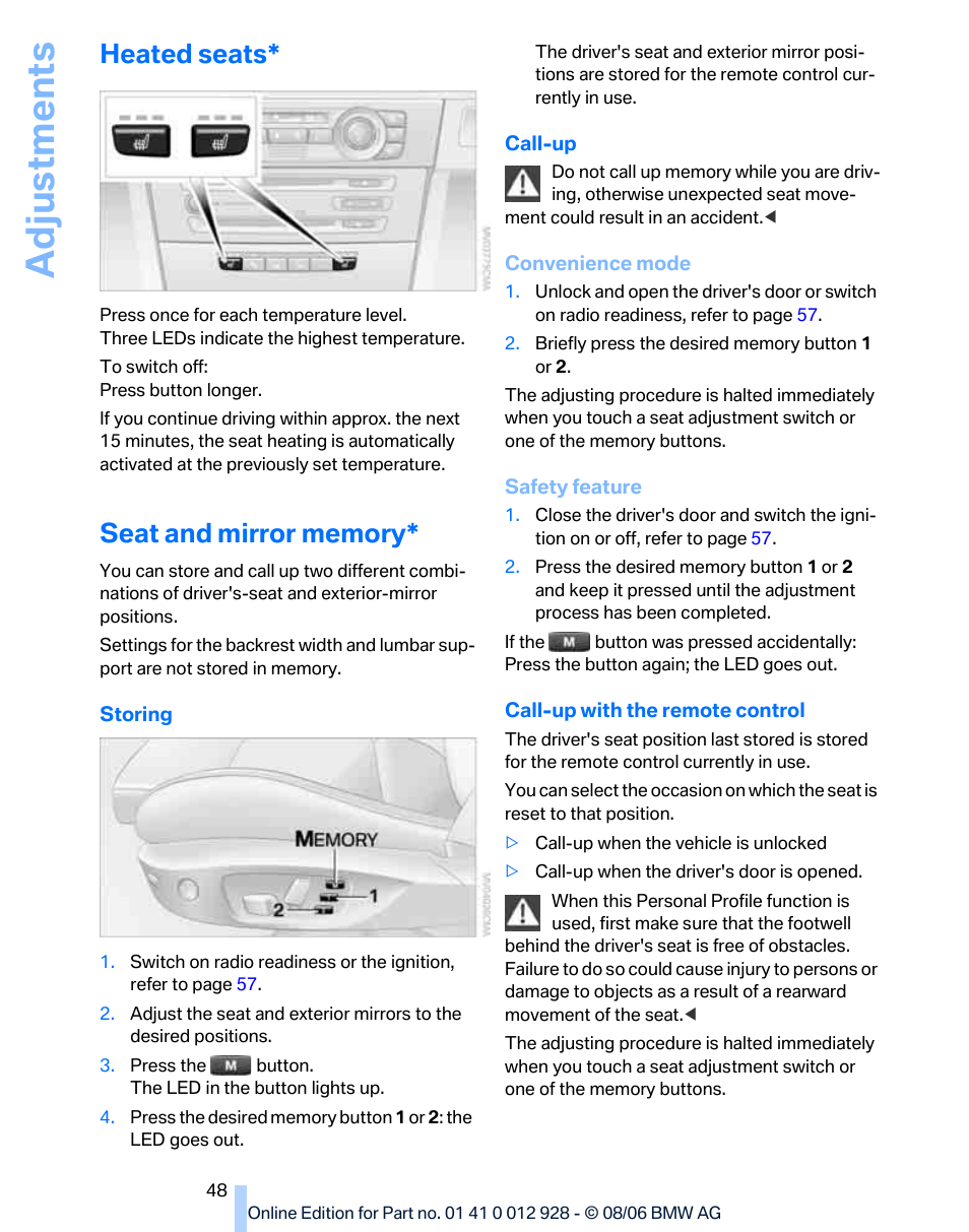 Heated seats, Seat and mirror memory, Adju stmen ts | BMW 2007 bmw 328i User Manual | Page 50 / 268