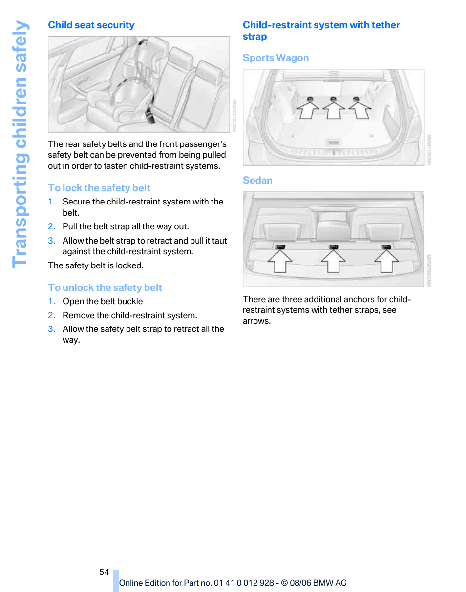 Transporting children safely | BMW 2007 bmw 328i User Manual | Page 56 / 268