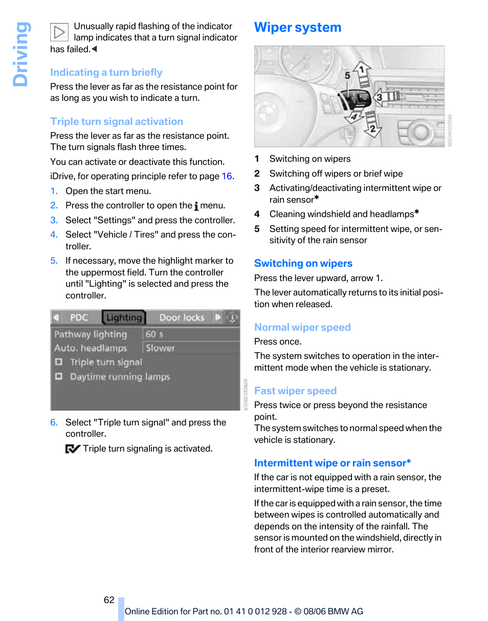 Wiper system, Driving | BMW 2007 bmw 328i User Manual | Page 64 / 268