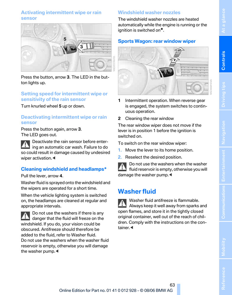 Washer fluid | BMW 2007 bmw 328i User Manual | Page 65 / 268