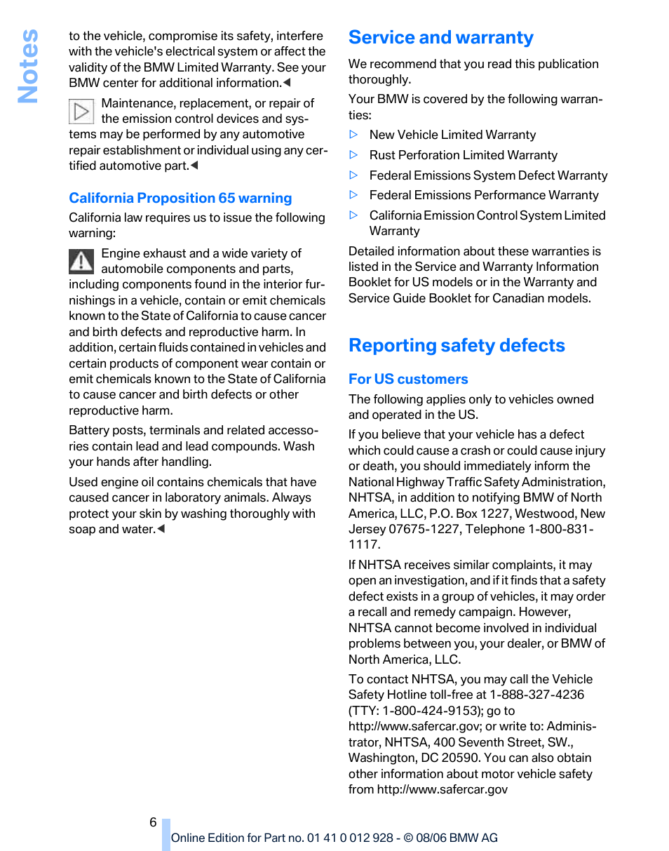 Service and warranty, Reporting safety defects | BMW 2007 bmw 328i User Manual | Page 8 / 268