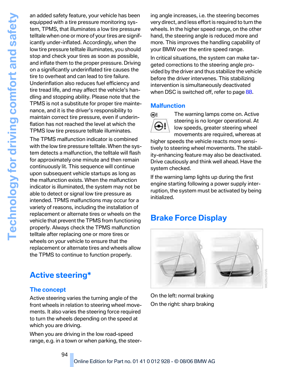 Active steering, Brake force display, Te chnology for driving comfort and safe ty | BMW 2007 bmw 328i User Manual | Page 96 / 268