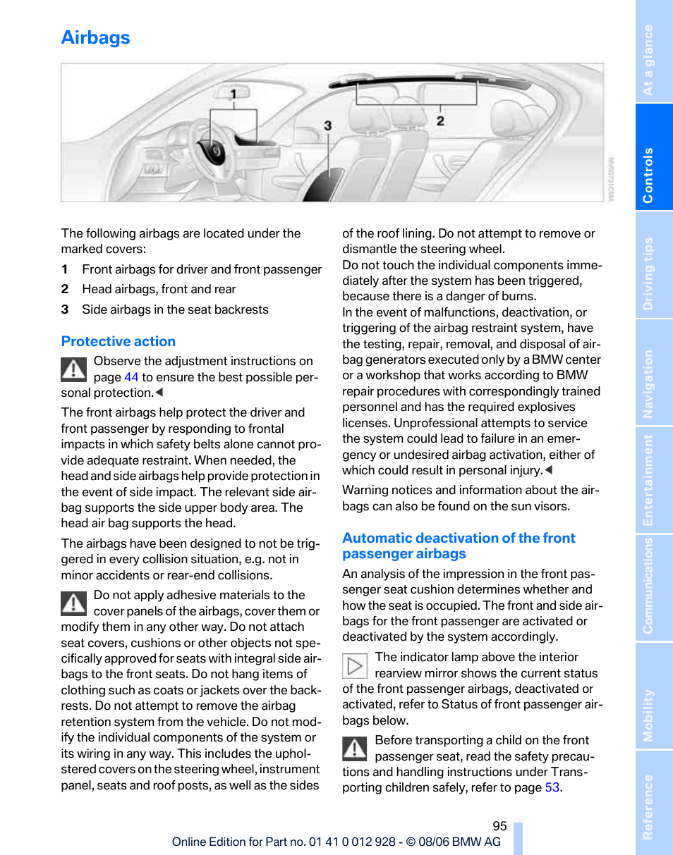 Airbags | BMW 2007 bmw 328i User Manual | Page 97 / 268