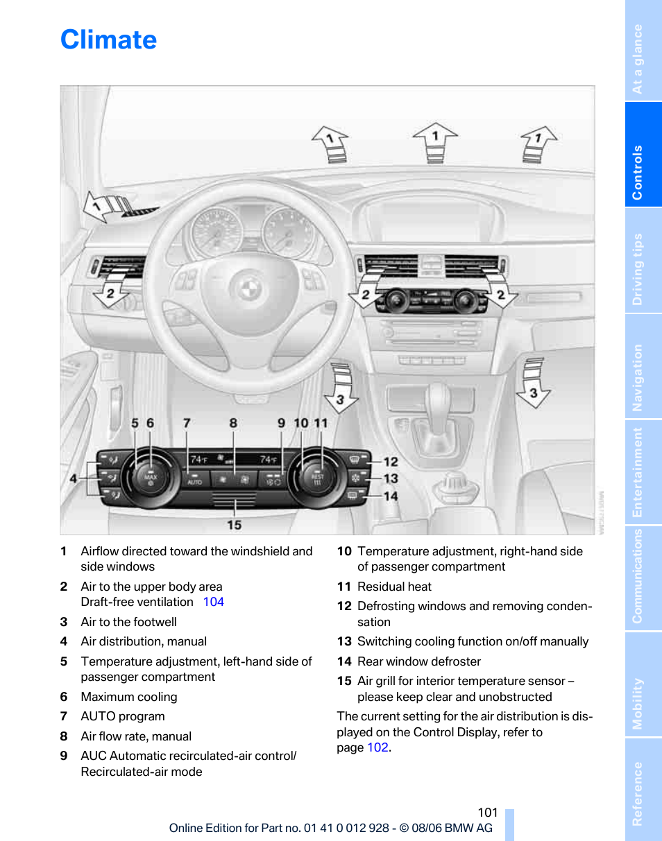 Climate | BMW 2007 bmw 328i User Manual | Page 103 / 268