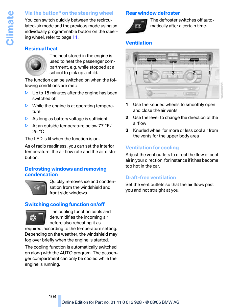 Climate | BMW 2007 bmw 328i User Manual | Page 106 / 268