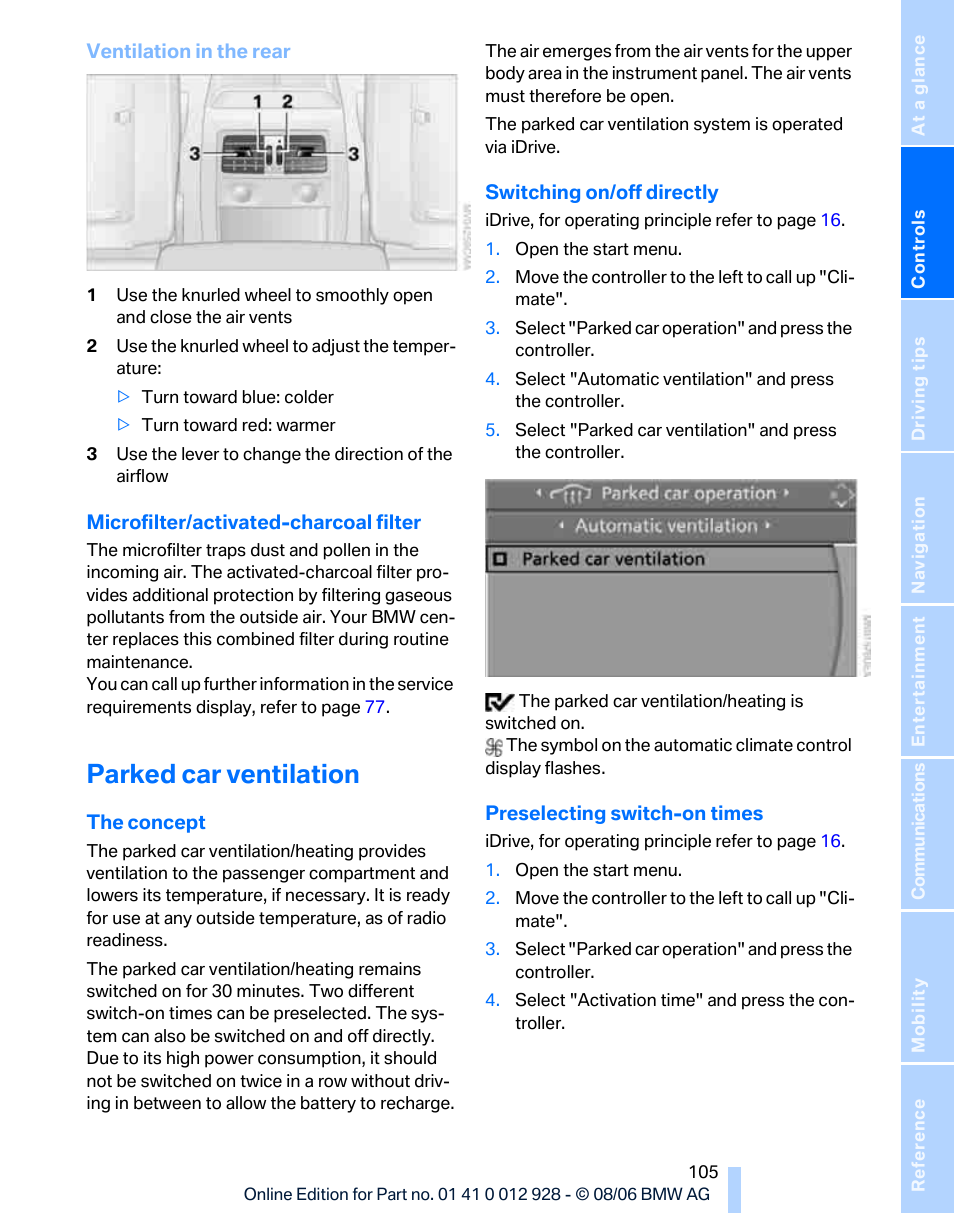 Parked car ventilation | BMW 2007 bmw 328i User Manual | Page 107 / 268