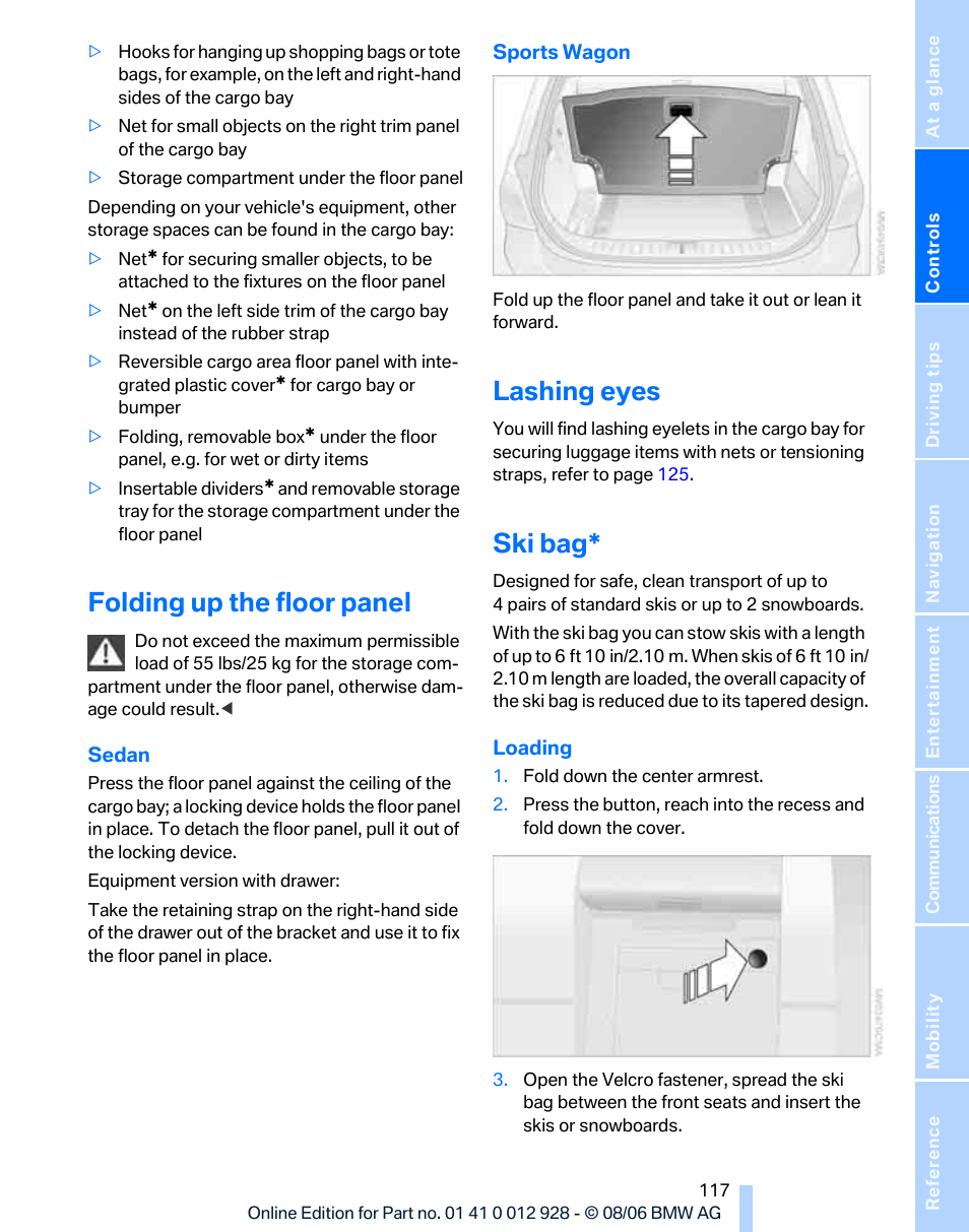 Folding up the floor panel, Lashing eyes, Ski bag | BMW 2007 bmw 328i User Manual | Page 119 / 268