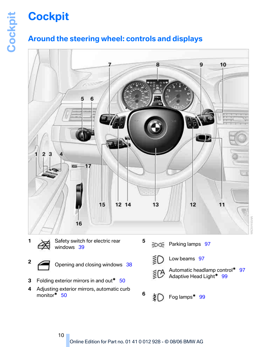 Cockpit, Around the steering wheel: controls and displays | BMW 2007 bmw 328i User Manual | Page 12 / 268