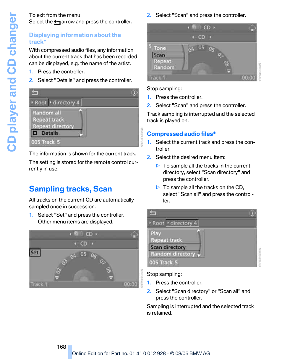 Sampling tracks, scan, Cd player and cd changer | BMW 2007 bmw 328i User Manual | Page 170 / 268