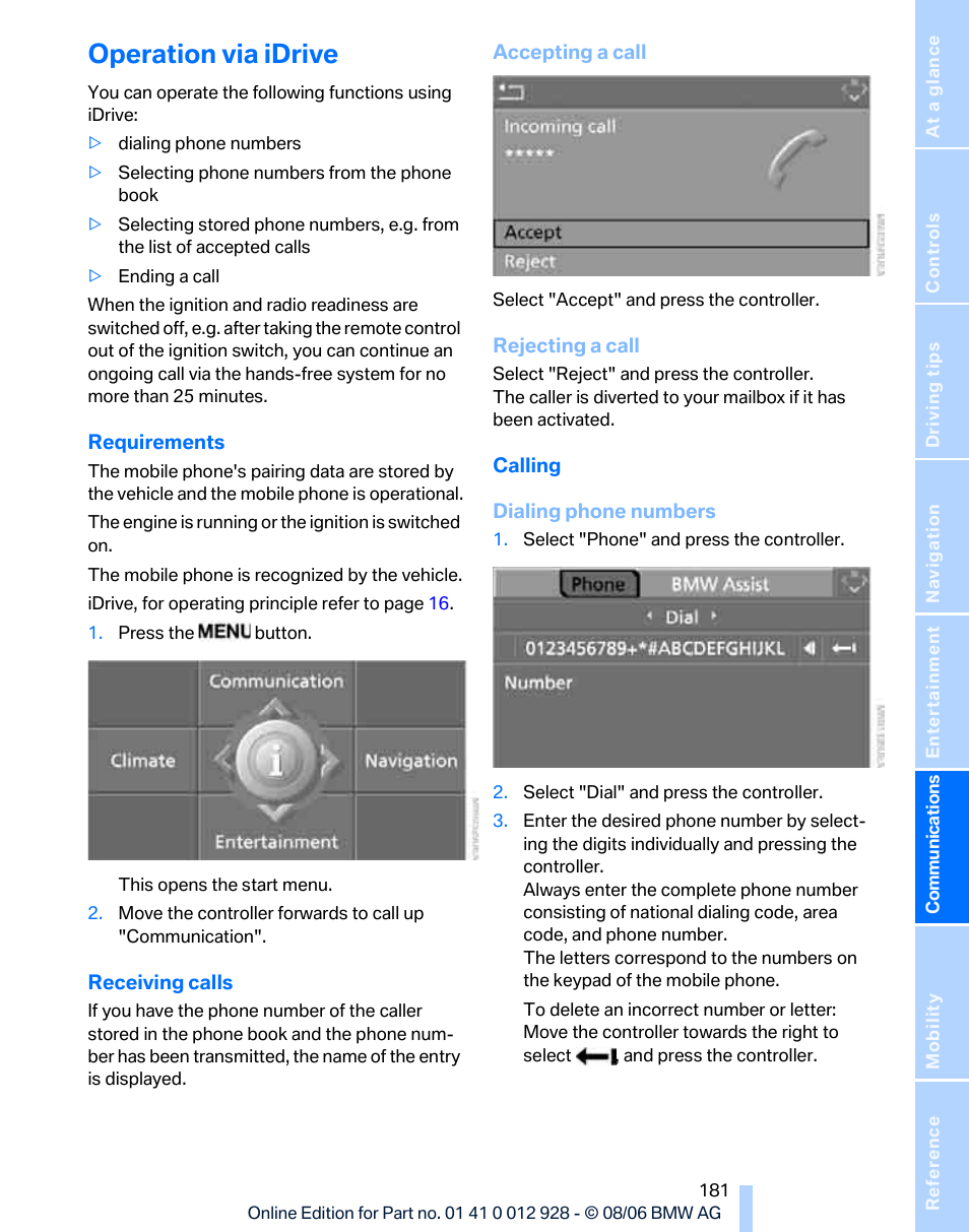 Operation via idrive | BMW 2007 bmw 328i User Manual | Page 183 / 268