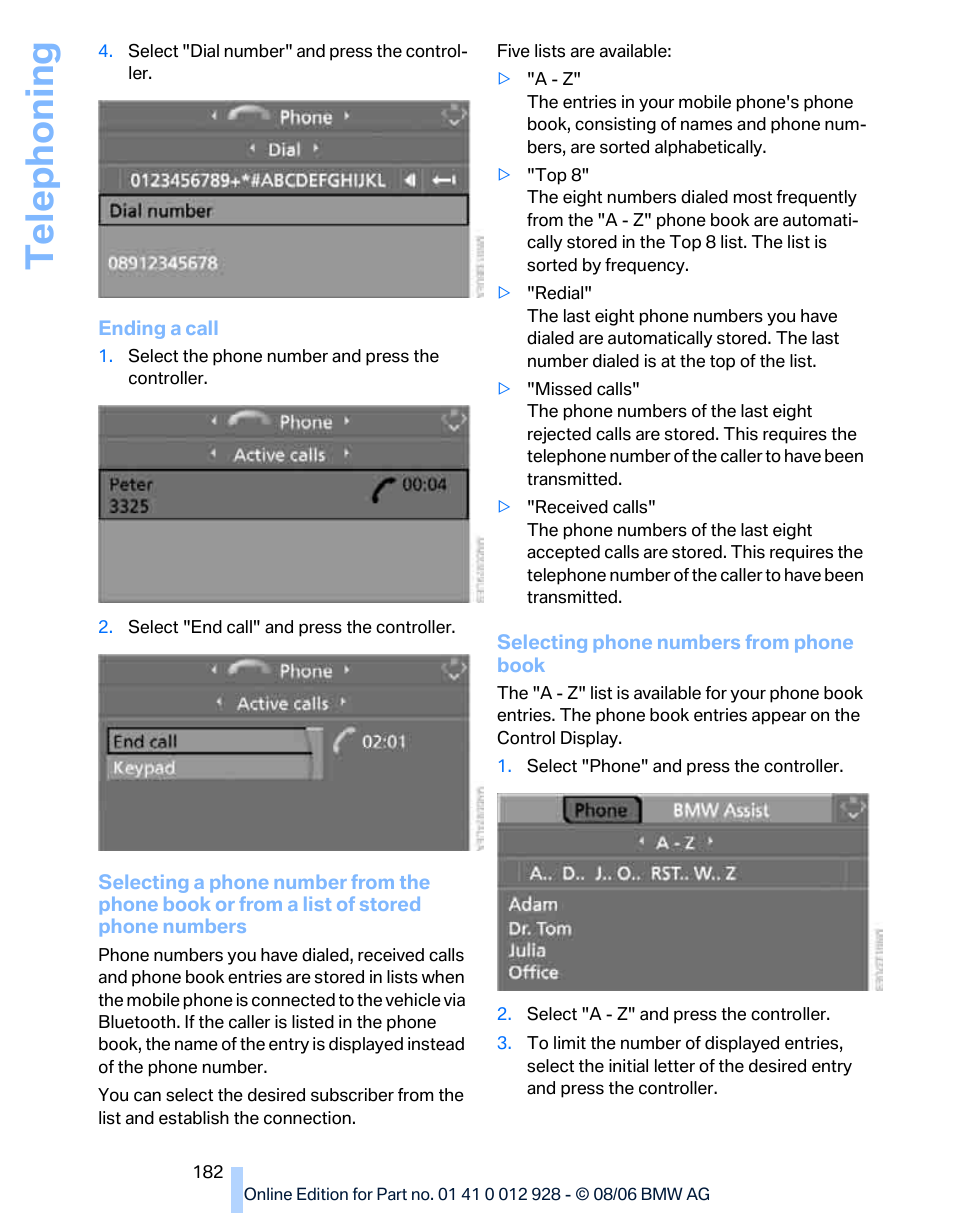 Telephoning | BMW 2007 bmw 328i User Manual | Page 184 / 268