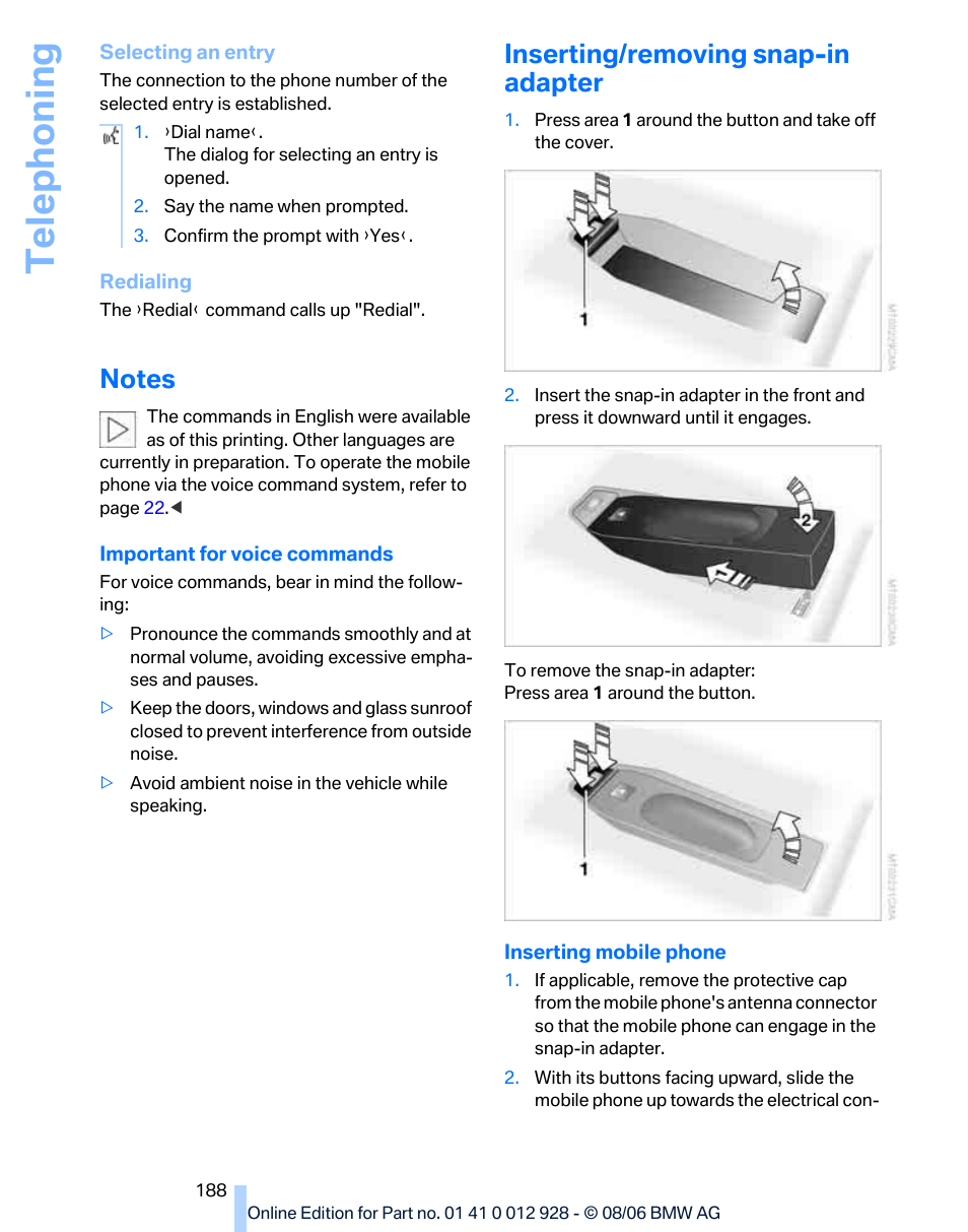 Notes, Inserting/removing snap-in adapter, Telephoning | BMW 2007 bmw 328i User Manual | Page 190 / 268