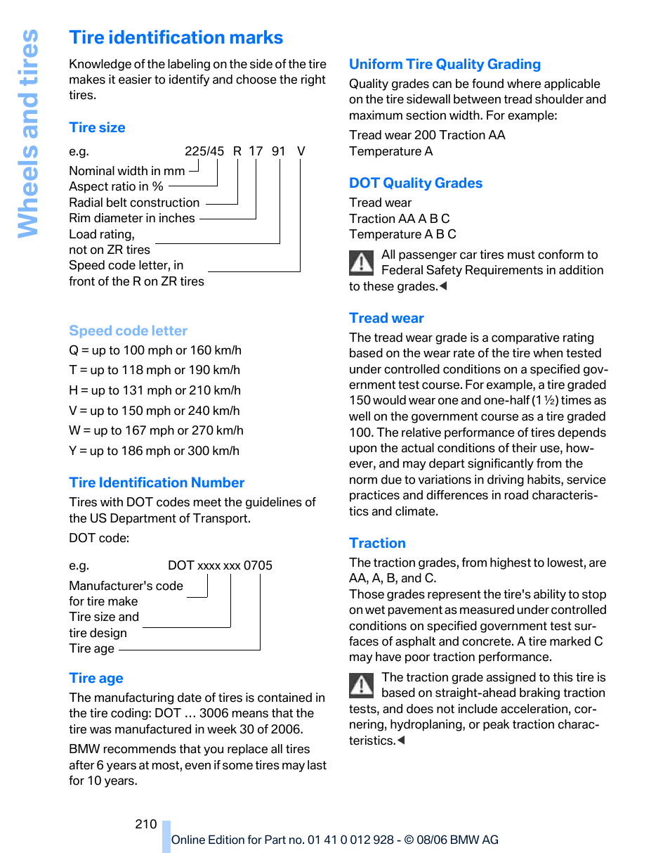 Tire identification marks, Wh eels and tire s | BMW 2007 bmw 328i User Manual | Page 212 / 268