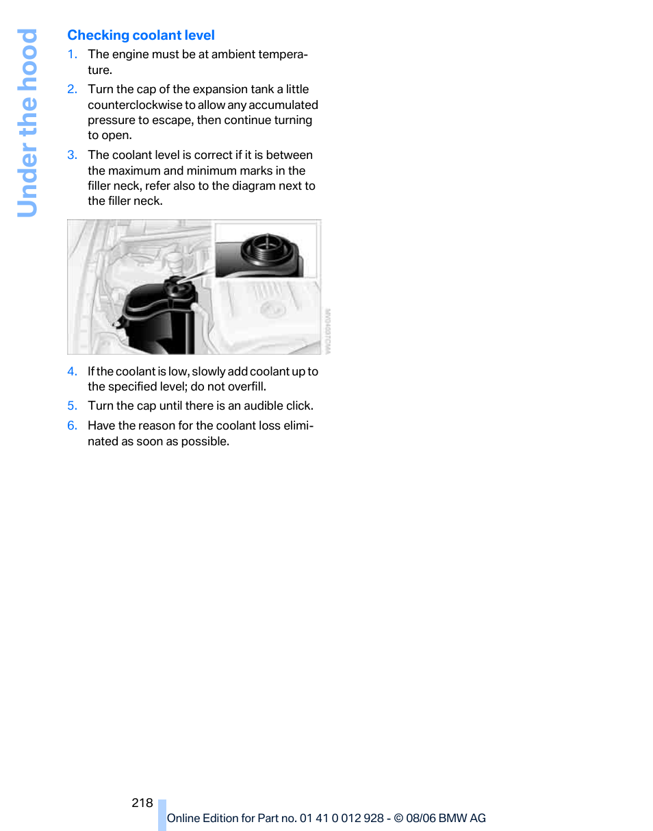 Under the ho od | BMW 2007 bmw 328i User Manual | Page 220 / 268