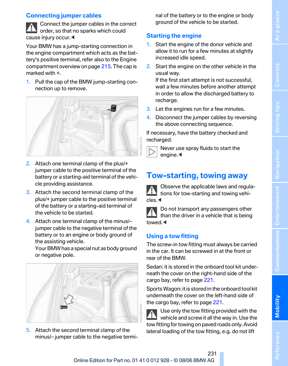 Tow-starting, towing away | BMW 2007 bmw 328i User Manual | Page 233 / 268