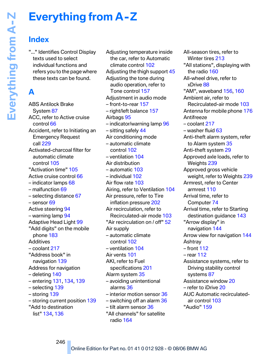 Everything from a - z, Index, Ev e ryth ing from a -z | Everything from a-z | BMW 2007 bmw 328i User Manual | Page 248 / 268