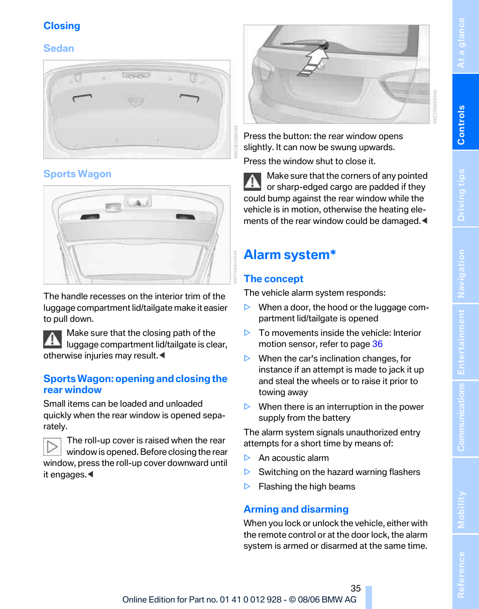 Alarm system | BMW 2007 bmw 328i User Manual | Page 37 / 268