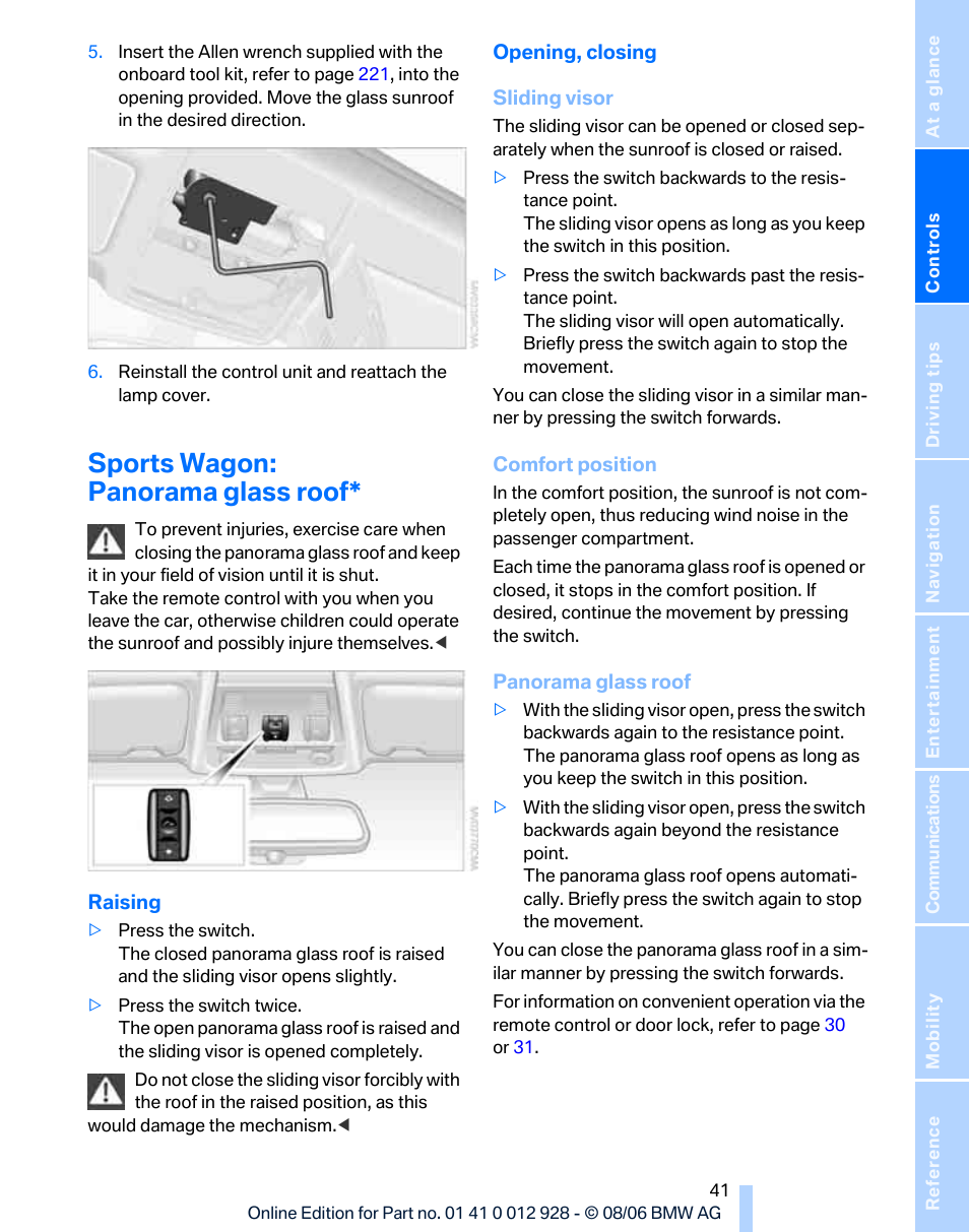 Sports wagon: panorama glass roof | BMW 2007 bmw 328i User Manual | Page 43 / 268