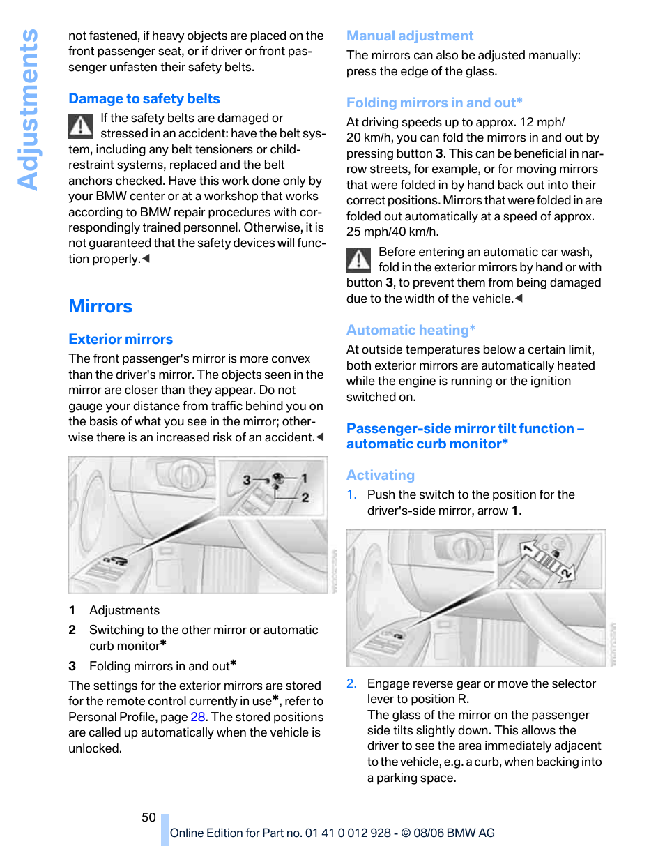 Mirrors, Adju stmen ts | BMW 2007 bmw 328i User Manual | Page 52 / 268