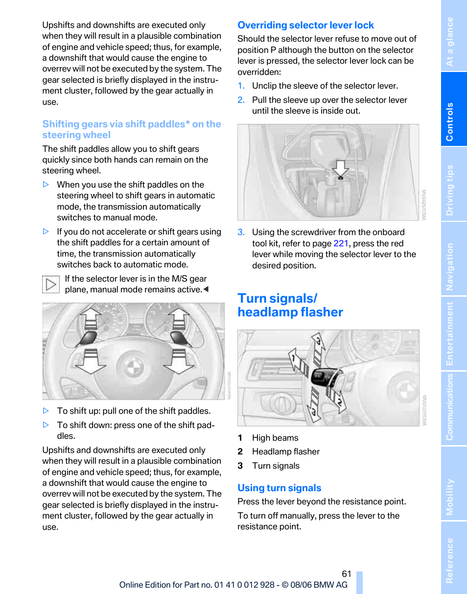 Turn signals/ headlamp flasher | BMW 2007 bmw 328i User Manual | Page 63 / 268